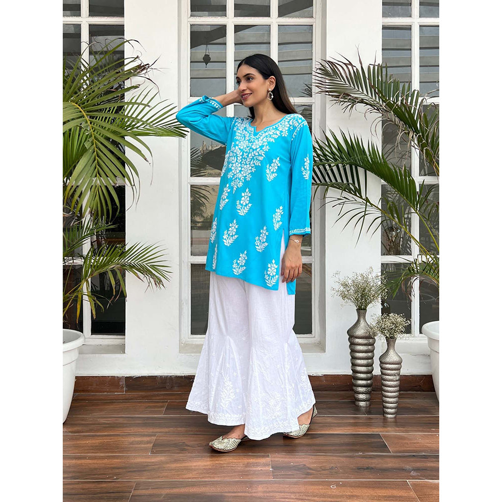 House of Chikankari Hamna Chikankari Blue Rayon Straight Short Kurta