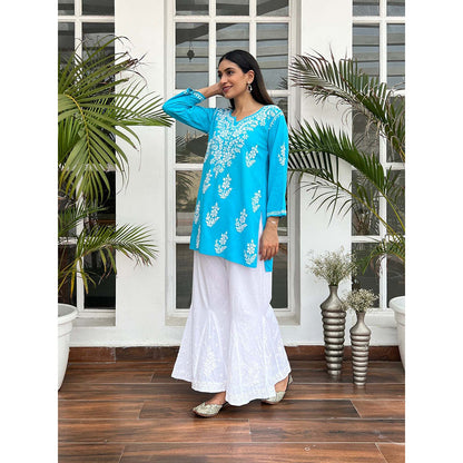House of Chikankari Hamna Chikankari Blue Rayon Straight Short Kurta
