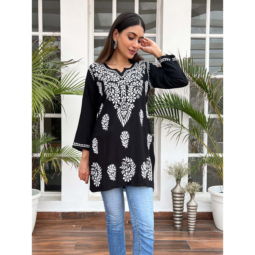 House of Chikankari Hamna Chikankari Black Rayon Straight Short Kurta