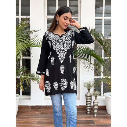 House of Chikankari Hamna Chikankari Black Rayon Straight Short Kurta