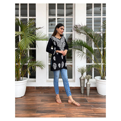 House of Chikankari Hamna Chikankari Black Rayon Straight Short Kurta