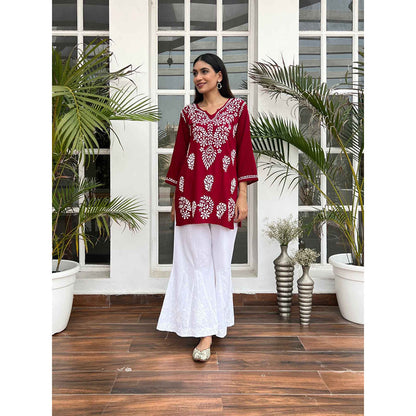 House of Chikankari Hamna Chikankari Maroon Rayon Straight Short Kurta