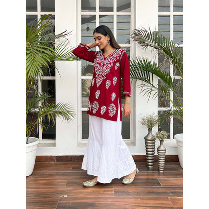 House of Chikankari Hamna Chikankari Maroon Rayon Straight Short Kurta