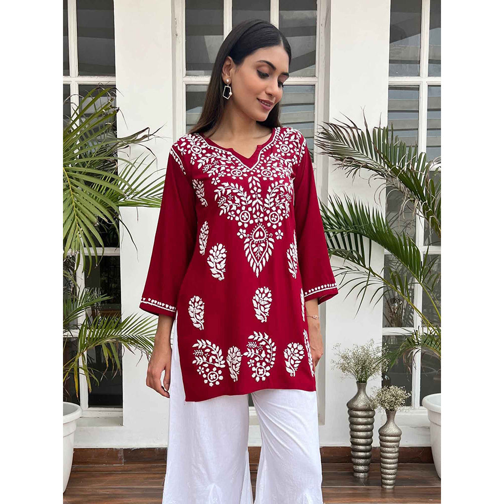 House of Chikankari Hamna Chikankari Maroon Rayon Straight Short Kurta