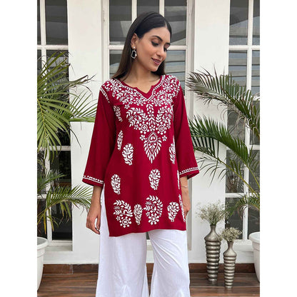 House of Chikankari Hamna Chikankari Maroon Rayon Straight Short Kurta