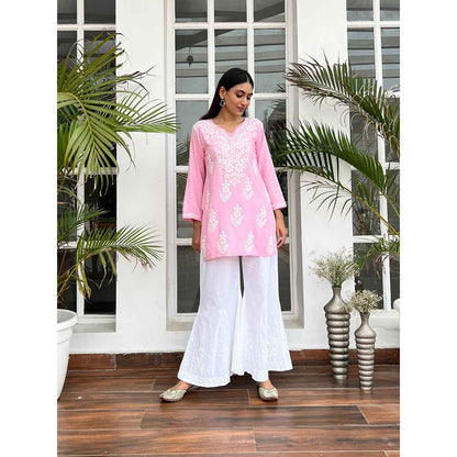 House of Chikankari Hamna Chikankari Pink Rayon Straight Short Kurta