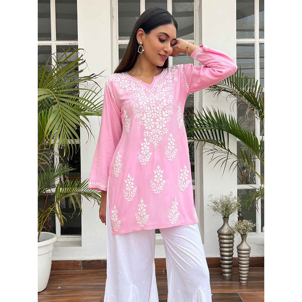 House of Chikankari Hamna Chikankari Pink Rayon Straight Short Kurta