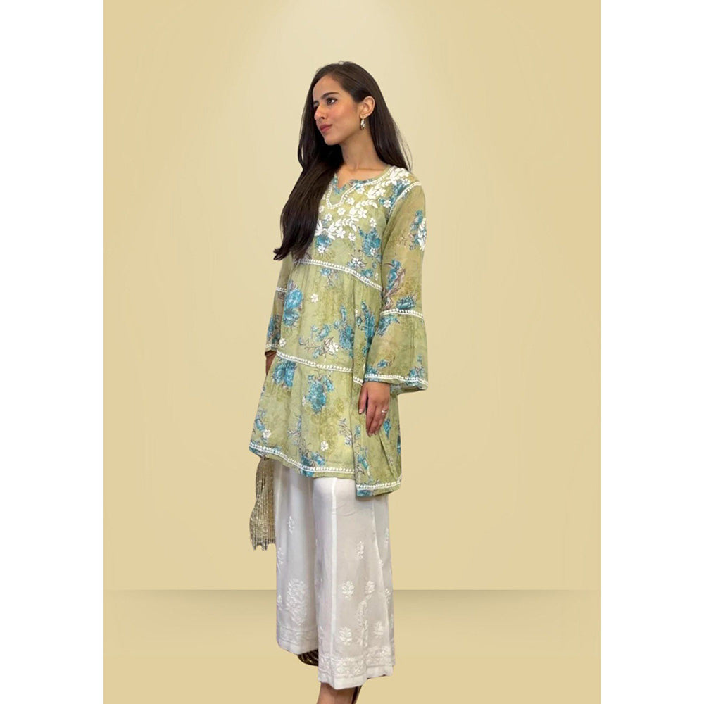 House of Chikankari Eliza Chikankari Green Mulmul Anarkali Short Kurta