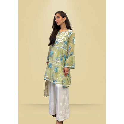 House of Chikankari Eliza Chikankari Green Mulmul Anarkali Short Kurta