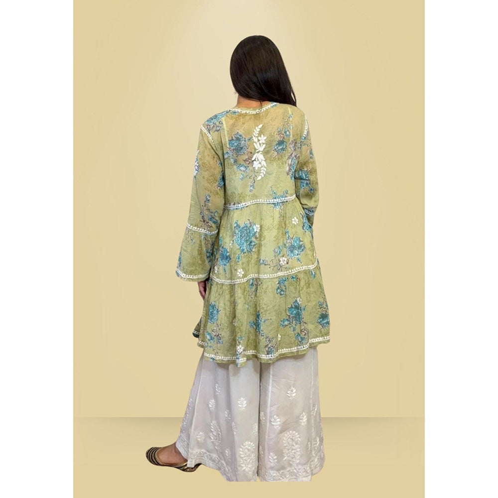 House of Chikankari Eliza Chikankari Green Mulmul Anarkali Short Kurta