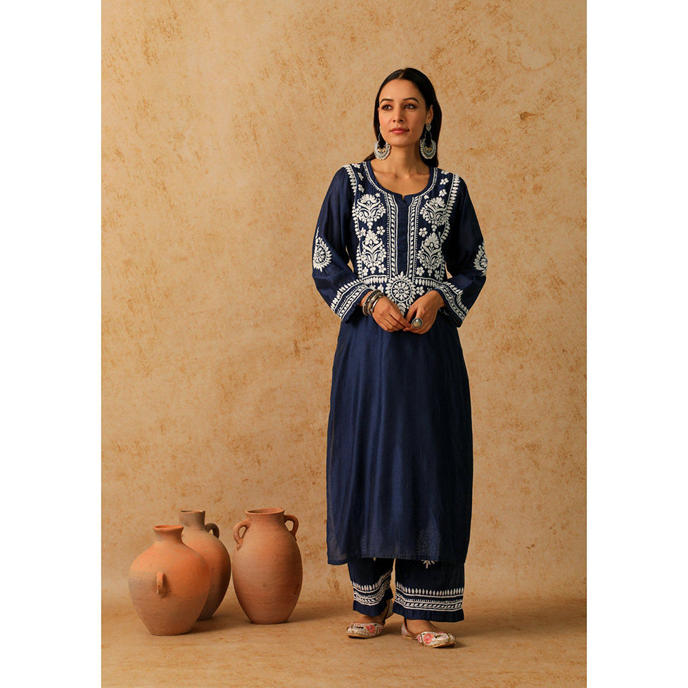 House of Chikankari Noor Chikankari Navy Blue Chanderi Kurta with Pant and Inner (Set of 3)