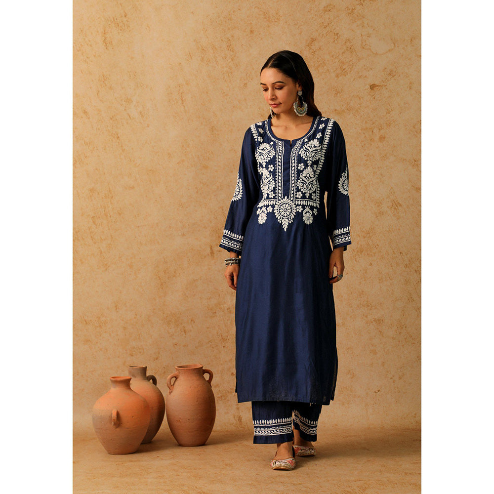 House of Chikankari Noor Chikankari Navy Blue Chanderi Kurta with Pant and Inner (Set of 3)