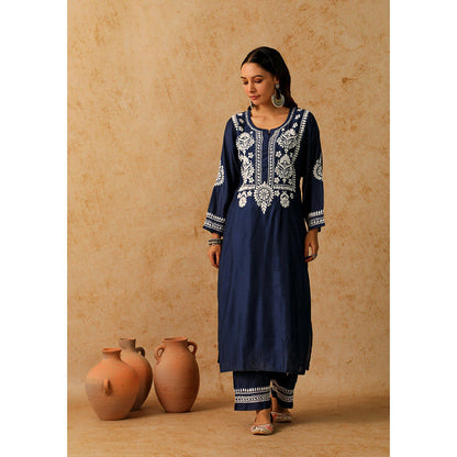 House of Chikankari Noor Chikankari Navy Blue Chanderi Kurta with Pant and Inner (Set of 3)