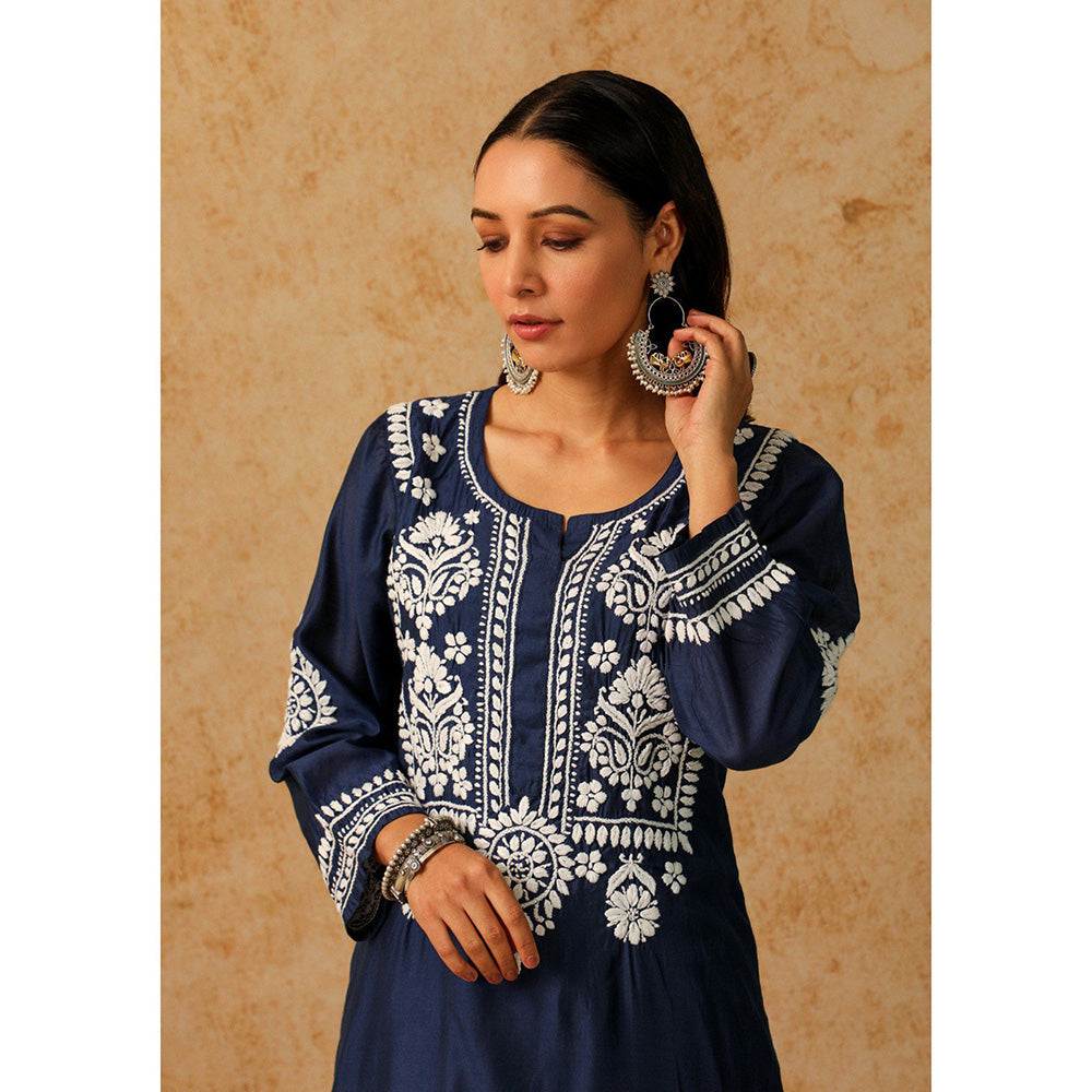 House of Chikankari Noor Chikankari Navy Blue Chanderi Kurta with Pant and Inner (Set of 3)