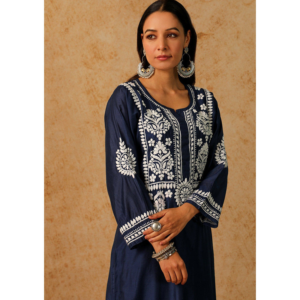 House of Chikankari Noor Chikankari Navy Blue Chanderi Kurta with Pant and Inner (Set of 3)