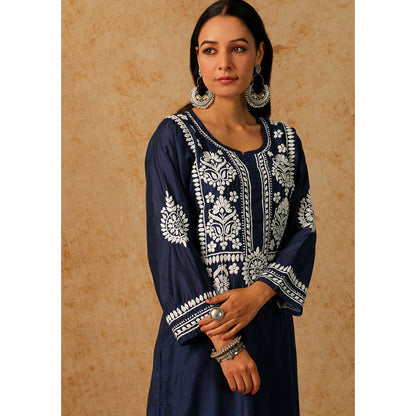 House of Chikankari Noor Chikankari Navy Blue Chanderi Kurta with Pant and Inner (Set of 3)