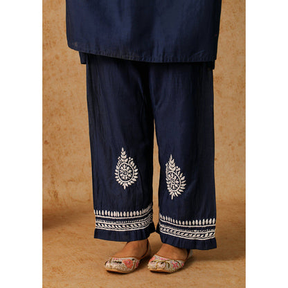 House of Chikankari Noor Chikankari Navy Blue Chanderi Kurta with Pant and Inner (Set of 3)