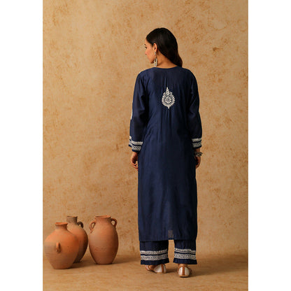 House of Chikankari Noor Chikankari Navy Blue Chanderi Kurta with Pant and Inner (Set of 3)