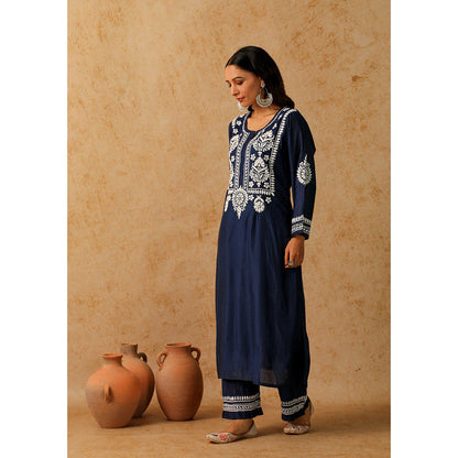 House of Chikankari Noor Chikankari Navy Blue Chanderi Kurta with Pant and Inner (Set of 3)