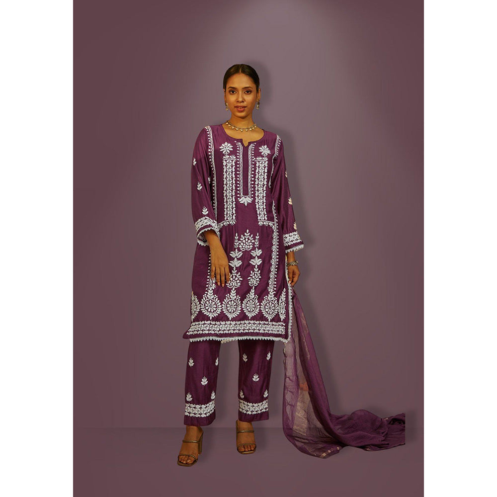 House of Chikankari Mahnoor Chikankari Purple Chanderi Kurta With Pant and Dupatta (Set of 3)