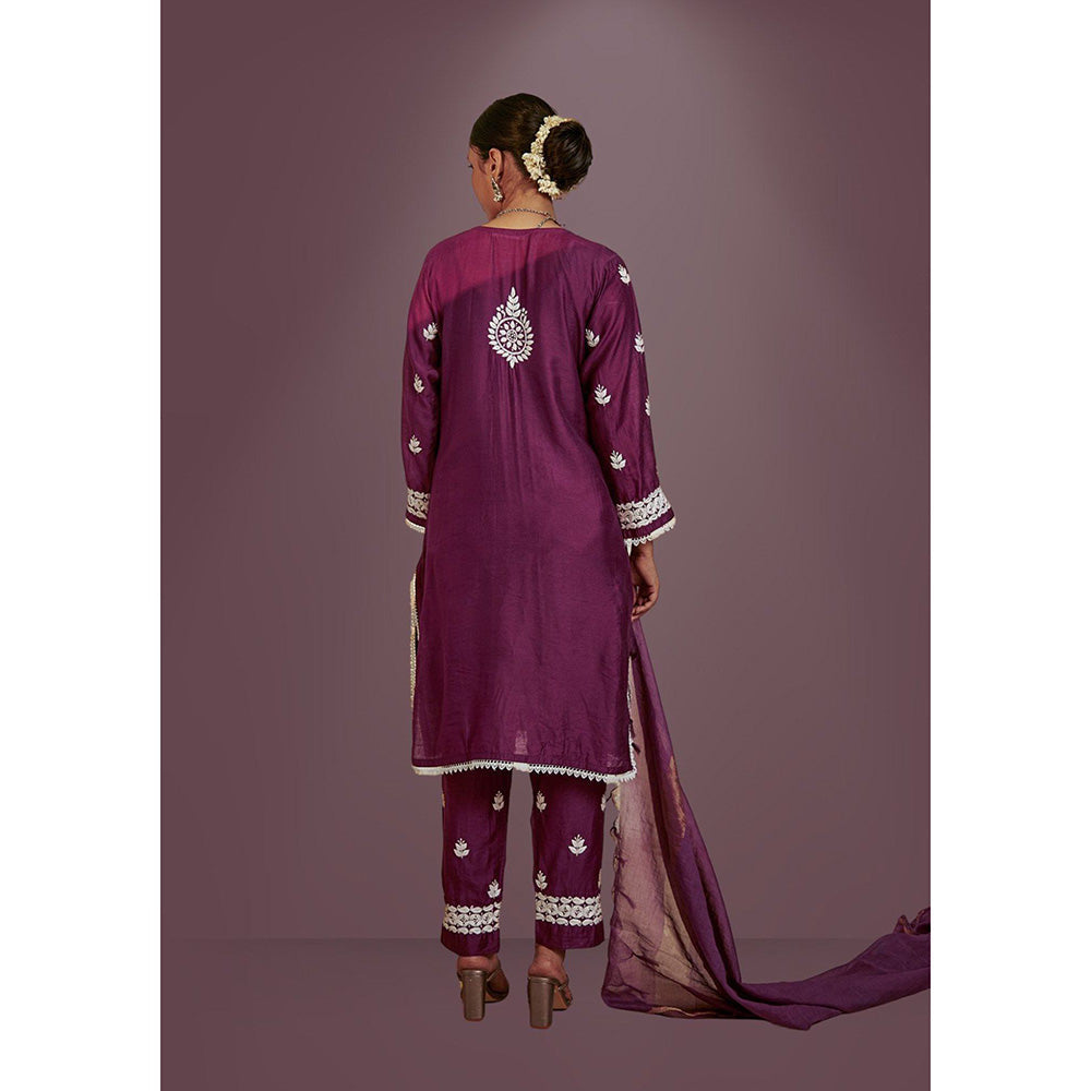 House of Chikankari Mahnoor Chikankari Purple Chanderi Kurta With Pant and Dupatta (Set of 3)