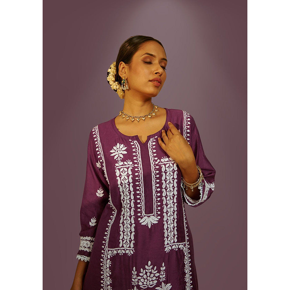 House of Chikankari Mahnoor Chikankari Purple Chanderi Kurta With Pant and Dupatta (Set of 3)