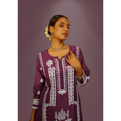 House of Chikankari Mahnoor Chikankari Purple Chanderi Kurta With Pant and Dupatta (Set of 3)