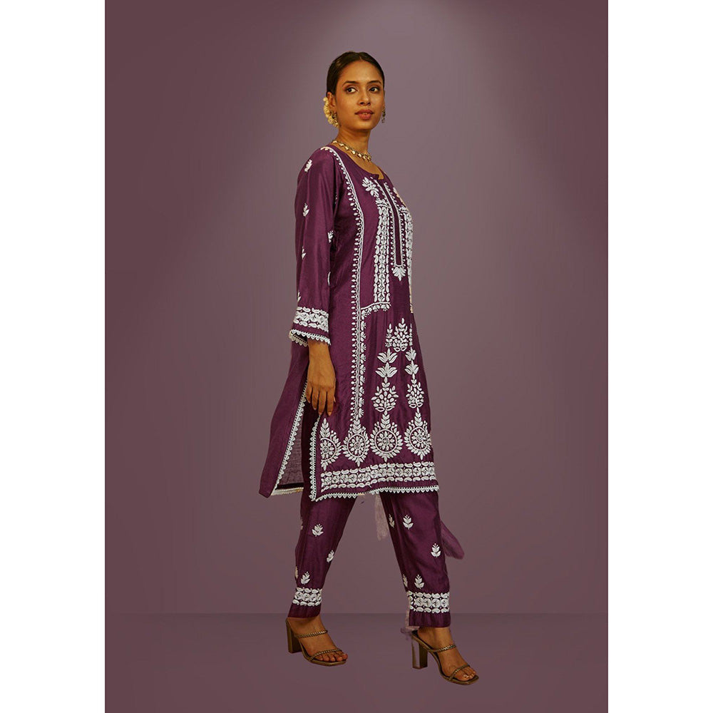 House of Chikankari Mahnoor Chikankari Purple Chanderi Kurta With Pant and Dupatta (Set of 3)