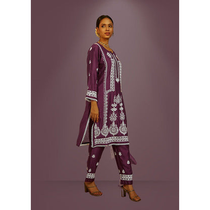 House of Chikankari Mahnoor Chikankari Purple Chanderi Kurta With Pant and Dupatta (Set of 3)