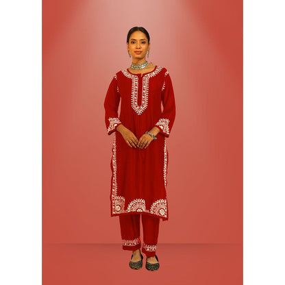 House of Chikankari Hana Chikankari Red Chanderi Kurta With Pant and Dupatta (Set of 3)