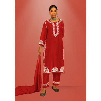 House of Chikankari Hana Chikankari Red Chanderi Kurta With Pant and Dupatta (Set of 3)