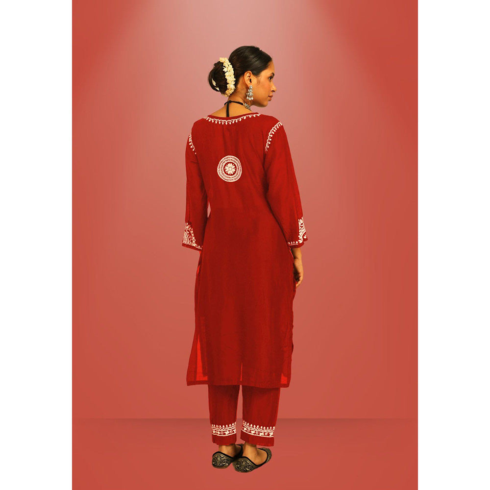 House of Chikankari Hana Chikankari Red Chanderi Kurta With Pant and Dupatta (Set of 3)