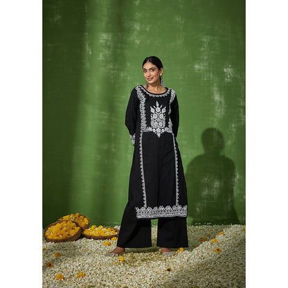 House of Chikankari Rizwana Chikankari Black Cotton Straight Kurta with Palazzo (Set of 2)