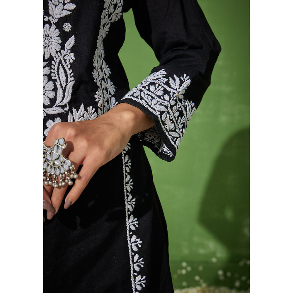 House of Chikankari Rizwana Chikankari Black Cotton Straight Kurta with Palazzo (Set of 2)