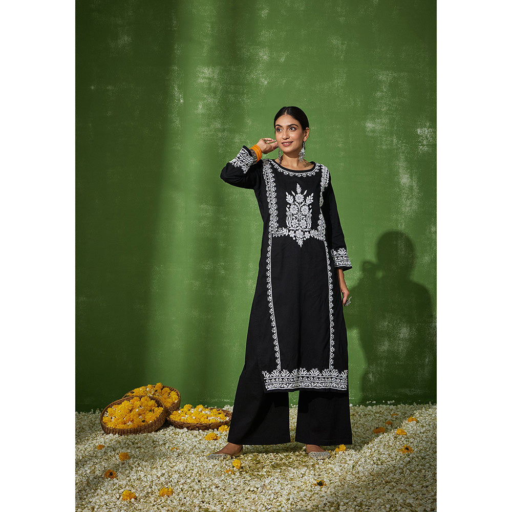 House of Chikankari Rizwana Chikankari Black Cotton Straight Kurta with Palazzo (Set of 2)