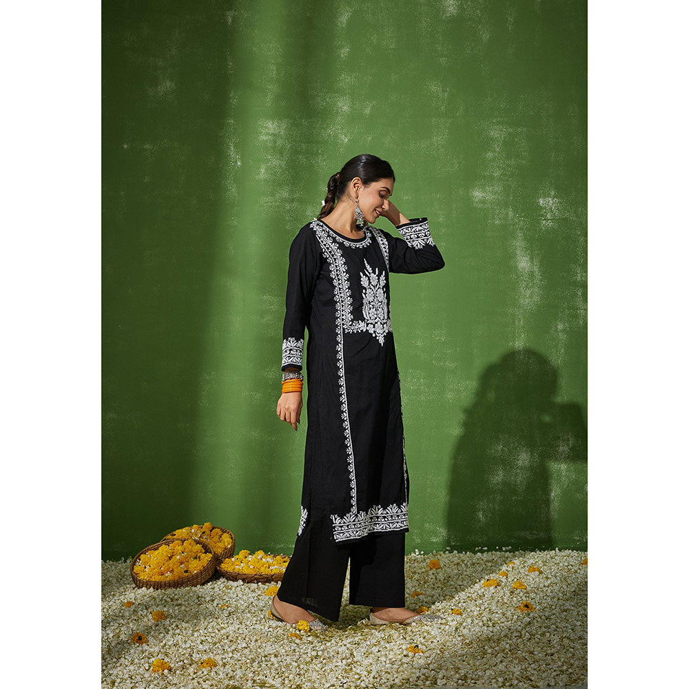 House of Chikankari Rizwana Chikankari Black Cotton Straight Kurta with Palazzo (Set of 2)