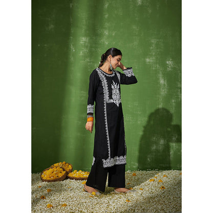 House of Chikankari Rizwana Chikankari Black Cotton Straight Kurta with Palazzo (Set of 2)