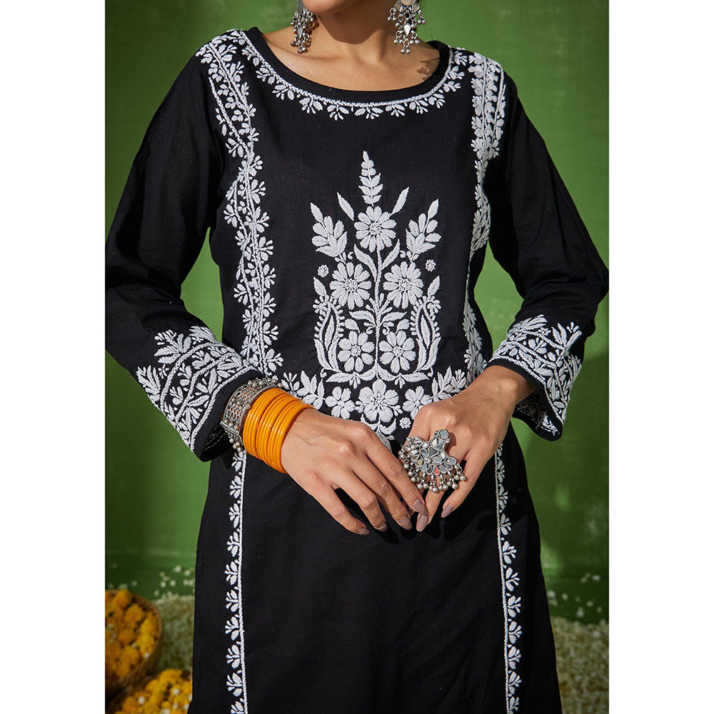 House of Chikankari Rizwana Chikankari Black Cotton Straight Kurta with Palazzo (Set of 2)