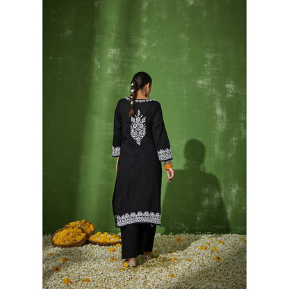 House of Chikankari Rizwana Chikankari Black Cotton Straight Kurta with Palazzo (Set of 2)