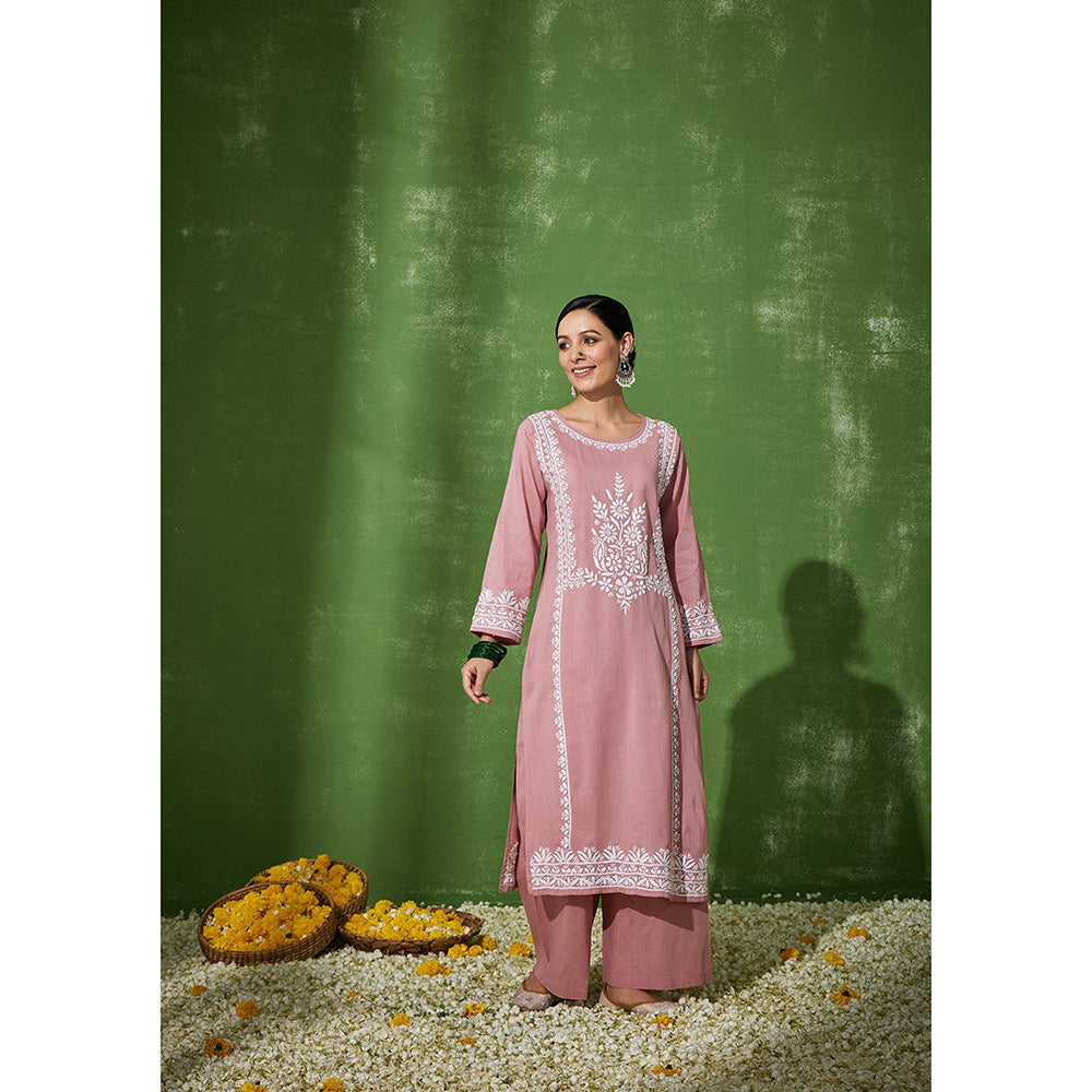 House of Chikankari Rizwana Chikankari Pink Cotton Straight Kurta with Palazzo (Set of 2)