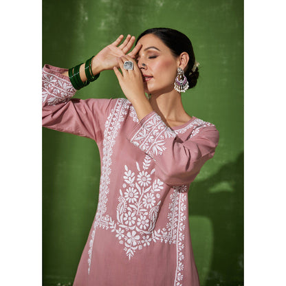 House of Chikankari Rizwana Chikankari Pink Cotton Straight Kurta with Palazzo (Set of 2)