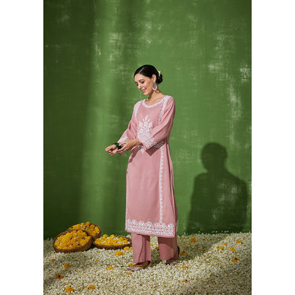 House of Chikankari Rizwana Chikankari Pink Cotton Straight Kurta with Palazzo (Set of 2)