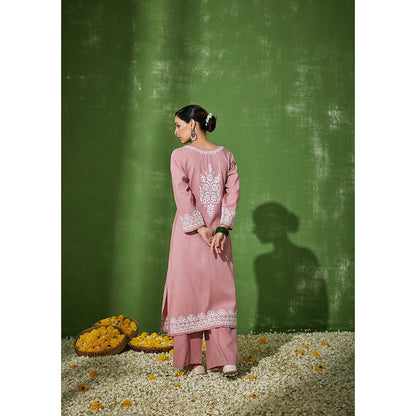 House of Chikankari Rizwana Chikankari Pink Cotton Straight Kurta with Palazzo (Set of 2)