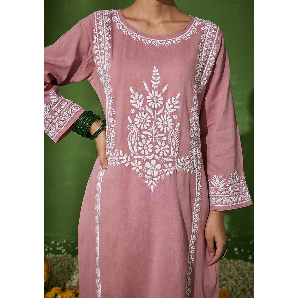 House of Chikankari Rizwana Chikankari Pink Cotton Straight Kurta with Palazzo (Set of 2)