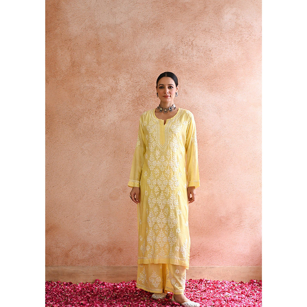 House of Chikankari Sharleez Chikankari Yellow Chanderi Straight Kurta with Palazzo (Set of 2)