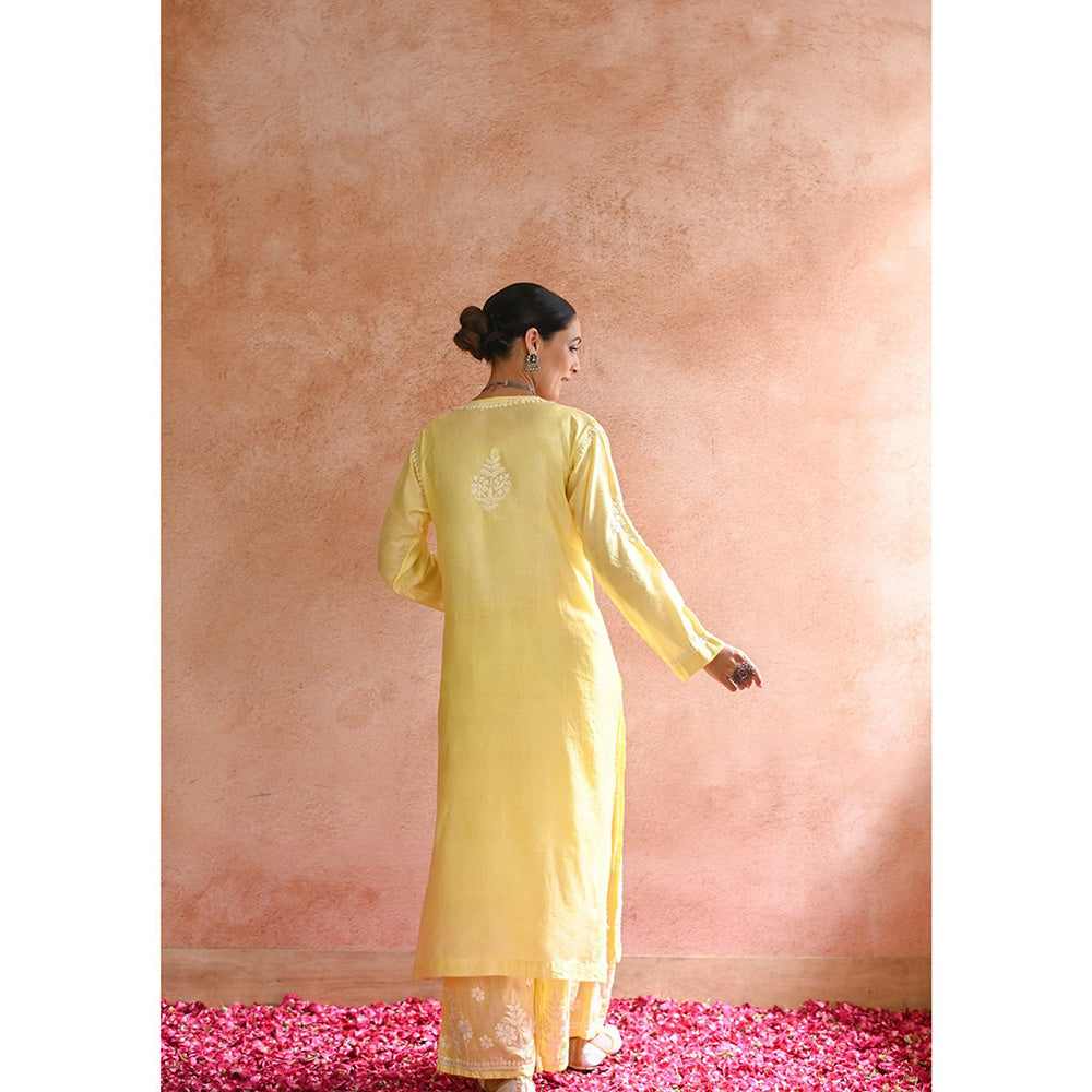 House of Chikankari Sharleez Chikankari Yellow Chanderi Straight Kurta with Palazzo (Set of 2)