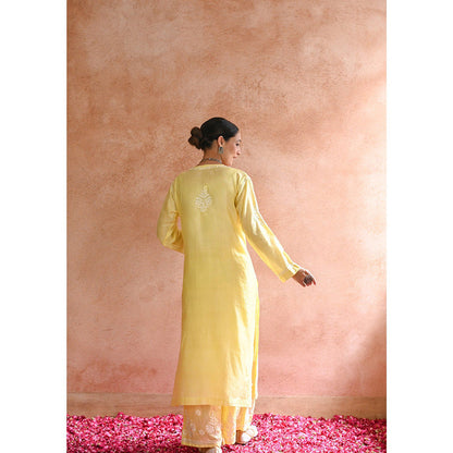 House of Chikankari Sharleez Chikankari Yellow Chanderi Straight Kurta with Palazzo (Set of 2)