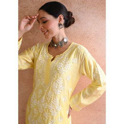 House of Chikankari Sharleez Chikankari Yellow Chanderi Straight Kurta with Palazzo (Set of 2)