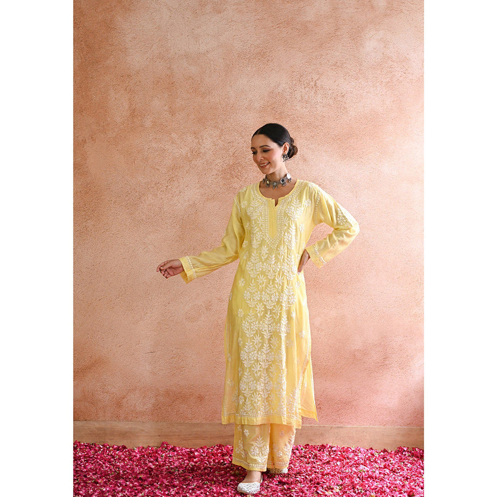 House of Chikankari Sharleez Chikankari Yellow Chanderi Straight Kurta with Palazzo (Set of 2)