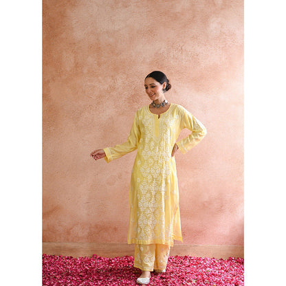 House of Chikankari Sharleez Chikankari Yellow Chanderi Straight Kurta with Palazzo (Set of 2)